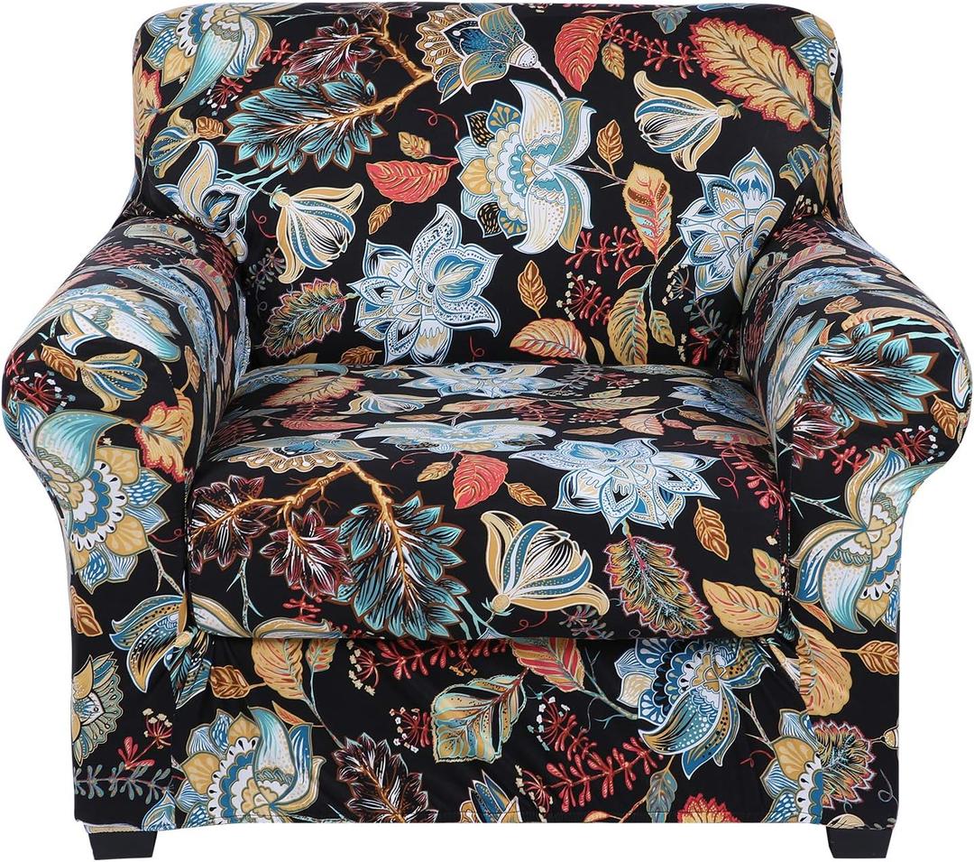 hyha Couch Covers, Chair/Sofa Covers, Floral Pattern, Stretch, Printed, 2 Pieces, Armchair Slipcover, Separate Couch Cushion Slipcover, Furniture Protector for Dogs(Armchair, Floral) (Small, Black)