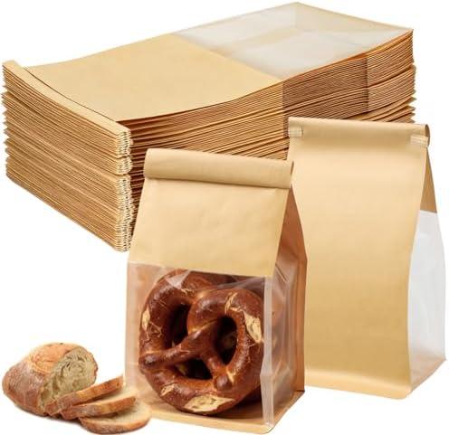 100PCS Bread Bags for Homemade Sourdough Bakery Cookie Kraft Paper Bag 5.1 x 4.13 x 11 Inch Tin Tie Tab Lock Loaf Treat Bag with Window for Bakery Cafe Homemade Breads Packaging