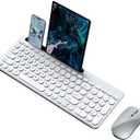 Wireless Keyboard and Mouse Combo with Phone Tablet Holder, Rechargeable Dual-Mode (Bluetooth 5.0 and 3.0 +2.4G) Multi-Device Silent Mouse for Windows, iPad, Tablet, MacOS,iOS,Android (Silver White)