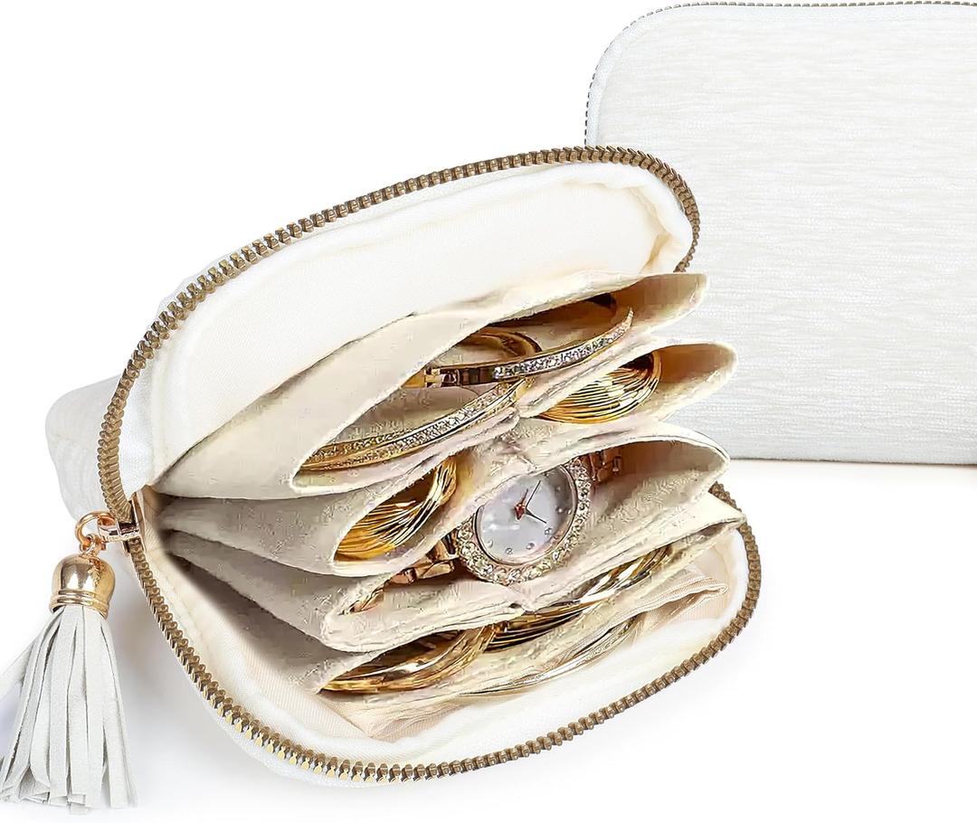 LOTOFUN Small Travel Jewelry Case: 5-Layer Individual Pouch Soft Velvet Bag Organizer With Zipper For Bracelets Bangles Protect From Tangle Scratch For Travelers Fashion Enthusiasts(Cream White)