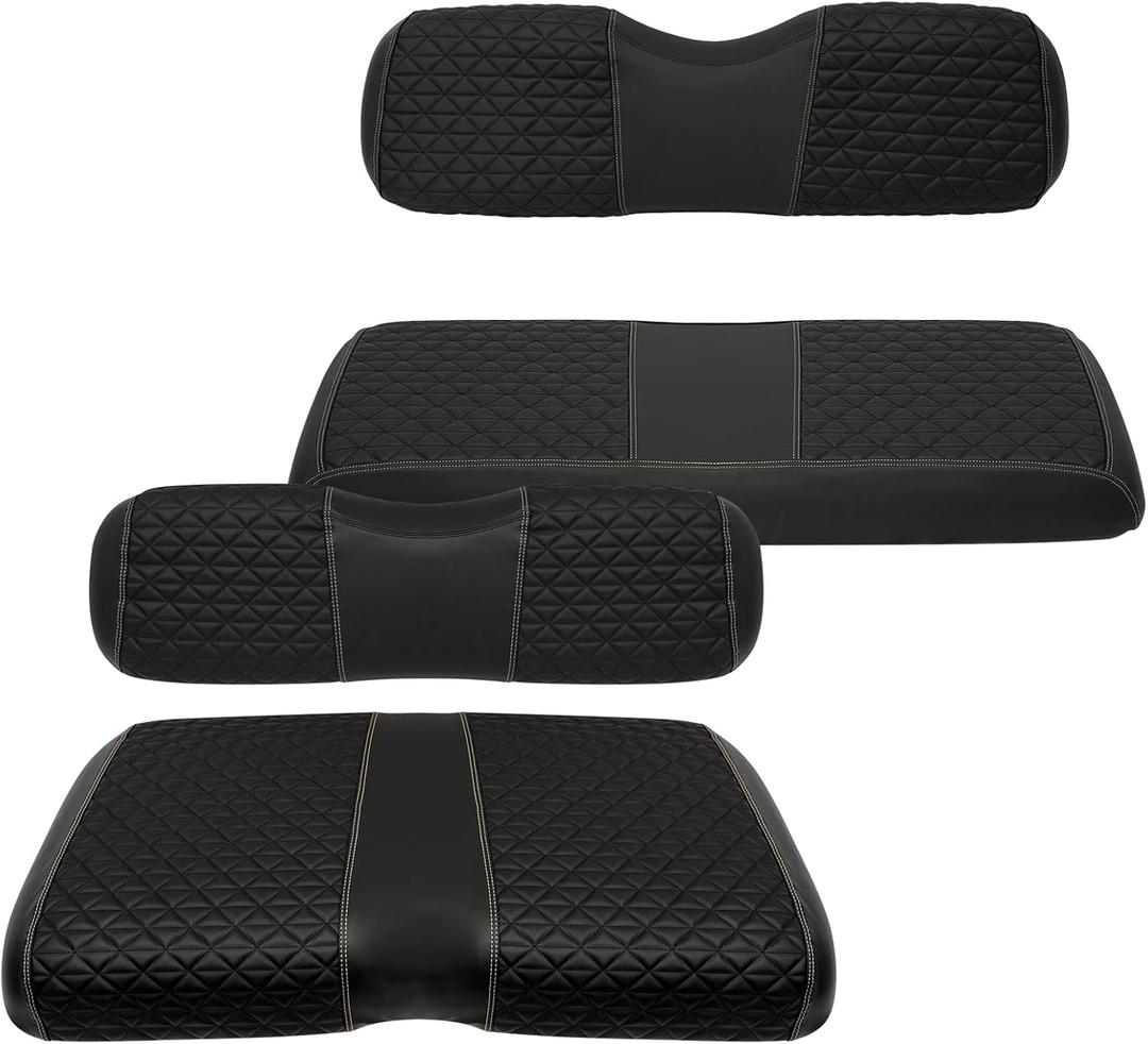 XUANYUDG0769 Golf Cart Front and Rear Seat Covers for EZGO TXT/RXV Club Car DS/Precedent Yamaha G29, Vinyl Leather Made/Adjustable Straps and Retractable Buckle/No Stapler Required,4PCS (black)