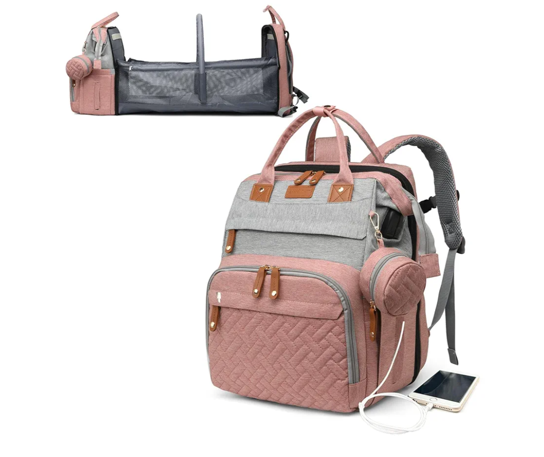 Baby Diaper Bags with Changing Station, Waterproof Diaper Bag Backpack for Moms Dads with USB Charging Port, Baby Shower Gifts, Large Capacity diaper backpack, Grey Pink