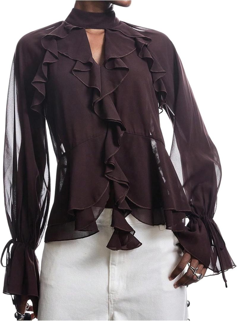GORGLITTER Women's Ruffle Blouse Party Chiffon Sheer Mesh Shirts Top Long Sleeve Work Business Casual Going Out Outfits Coffee Brown Small