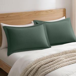 100% Cotton Waffle Pillow Shams with Flange 20" x 26", 2 Packs , Moss Green | Soft Breathable Waffle Weave Pillow Cover Skin-Friendly Pillowcase with Elegant Flange for Couch Sofa Bedroom, No Filling