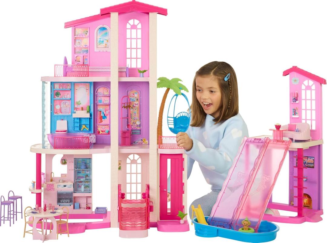 Barbie Dreamhouse Dollhouse
43" tall, Elevator, 9 Play Areas, 2 Houses, 2 Pools, 2 Slides & 65+ Pieces Including Furniture & Accessories