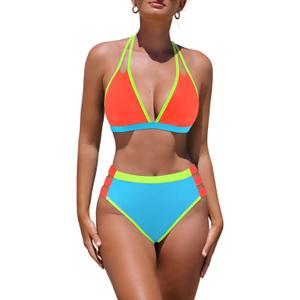 popvil High Waisted Bikini Sets for Women Two Piece Swimsuit Halter Top Bathing Suit (Small, Neon Color Block)