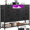 Black Dresser for Bedroom with 10 Drawers, Chest of Drawers with Charging Station, TV Stand Storage with LED Light for 55" TV, Fabric Drawers with PU Finish, Dresser with Shelves for Closet (11.8"D x 47.2"W x 39.4"H (10 Drawers))