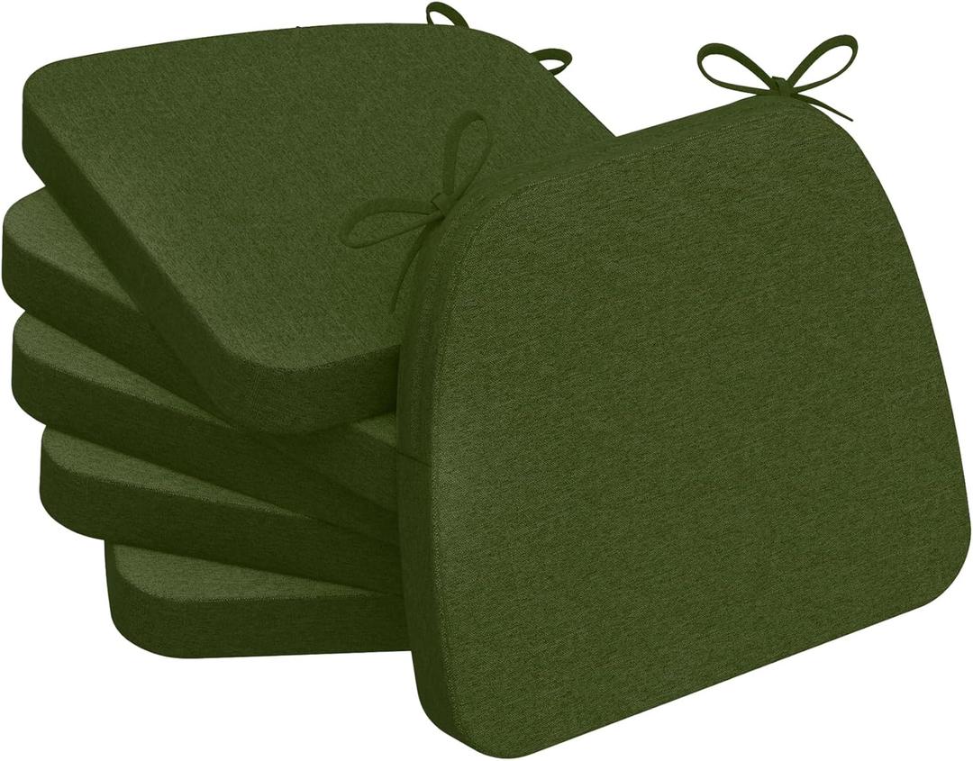 AAAAAcessories D-Shaped Chair Cushions, 2" Thick Dining Chair Pads with Ties and Removable, Machine-Washable Cover, 17" x 16", Set of 6, Dark Olive Green