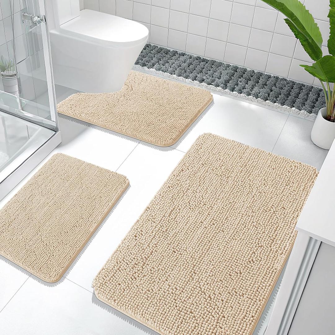 OLANLY Bathroom Rugs Sets 3 Piece, Soft Absorbent Chenille Bath Mats and U-Shaped Contour Toilet Rug, Quick Dry, Home Decor Accessories, Bath Mat Set for Bathroom (36"x24"+24"x16"+24"x20", Beige)