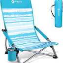 VILLEY Low Beach Chair, High Back Folding Chair for Adults, Lightweight and Portable for Outdoor, Camping, Lawn, Music Festival, with Cup Holder and Carry Bag - Blue Stripes