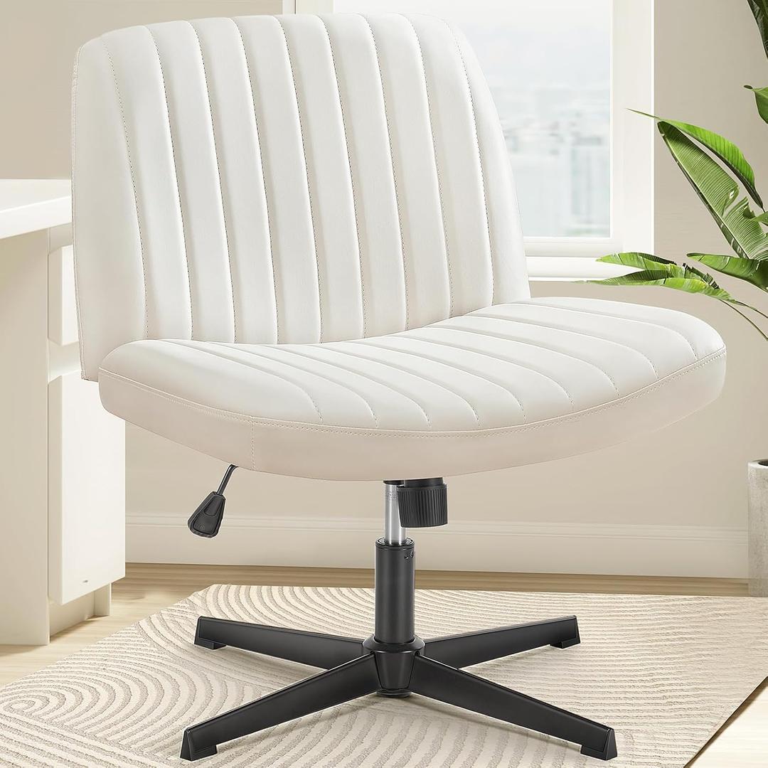 OLIXIS Criss Cross Chairs Armless No Wheels Wide Seat Cross Legged Height Adjustable Swivel Padded PU Leather Home Office Desk Chair for Bedroom, Student, Study Room, Beige Dual Base
