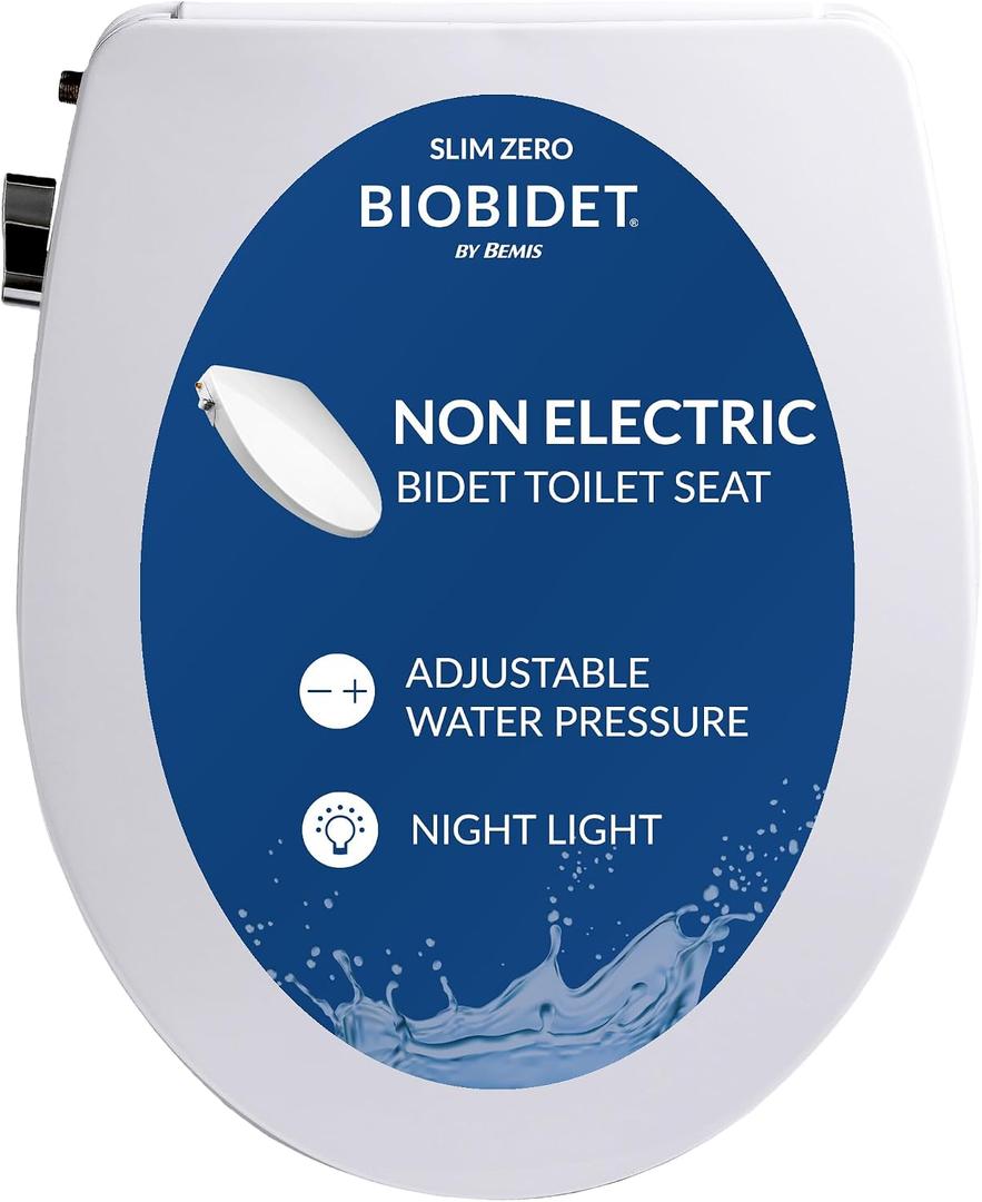 Bio Bidet Slim Zero Non Electric Bidet Toilet Seat Round, Low Profile Seat with Slow Close Lid, Battery Powered Night Light, Dual Nozzles, White