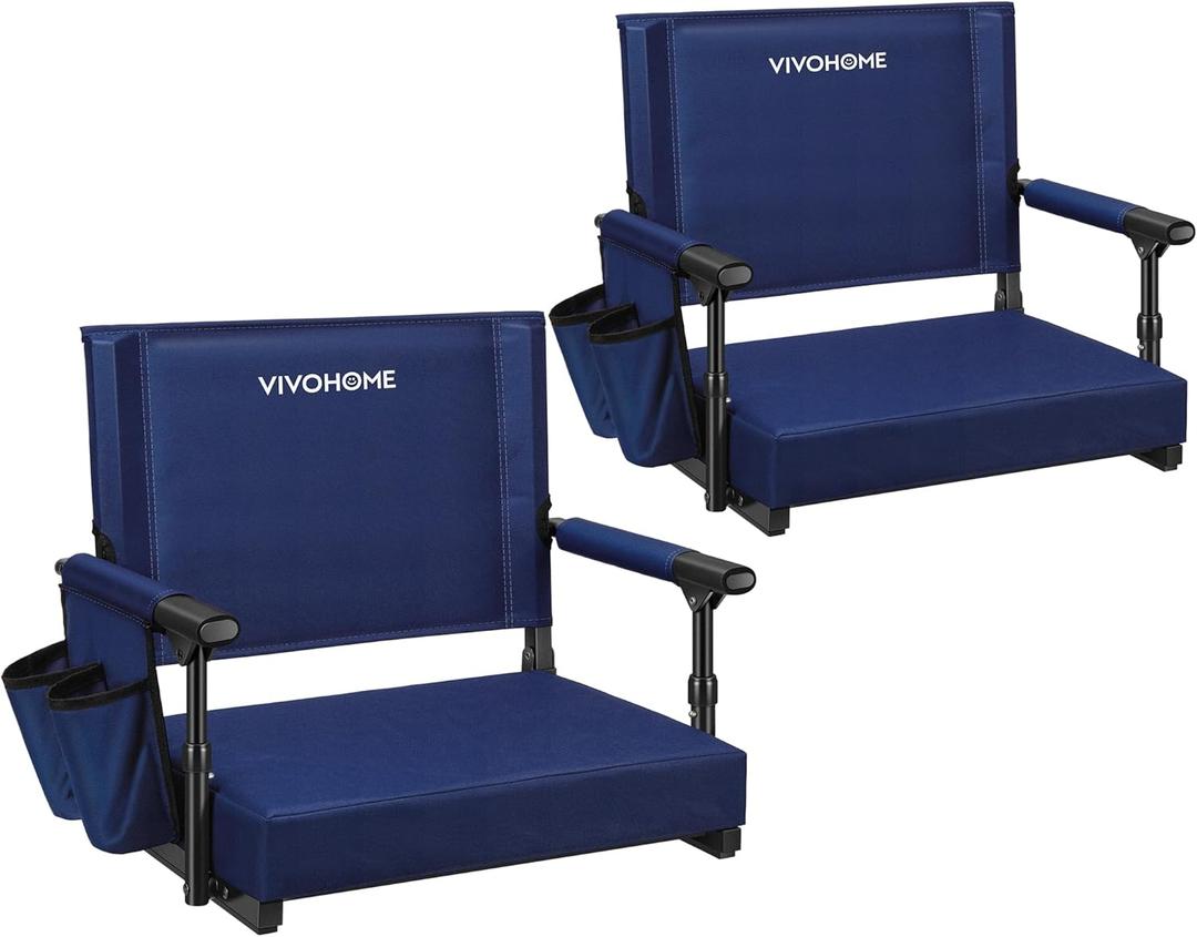 VIVOHOME Stadium Seats with Back Support and Cushion, 2 Pack Portable Bleacher Chairs with Cup Holder and Shoulder Strap (Navy Blue)