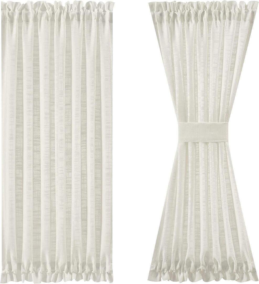 FMFUNCTEX Natural Linen French Door Curtains for Sliding Glass Door Drapes - 40 Inch Long Half Privacy Semi Sheer Panels