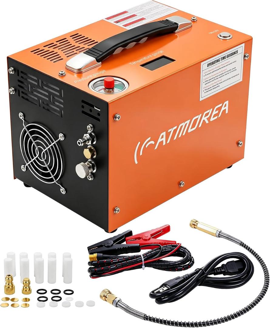 PCP Air Compressor Auto Shut Off 4500PSI 30Mpa
Oil Water Free Electric Portable Pump for PCP Air Rifle Paintball Diving Scuba Tank, Car 12V DC or Home 120V AC