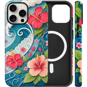 Magnetic for iPhone 16 Pro Case Cute Hibiscus Flower Ocean Wave Phone Case, Tropical Floral Beach Shockproof Slim TPU and Hard PC Protective Phone Cover Compatible with MagSafe Gift for Women