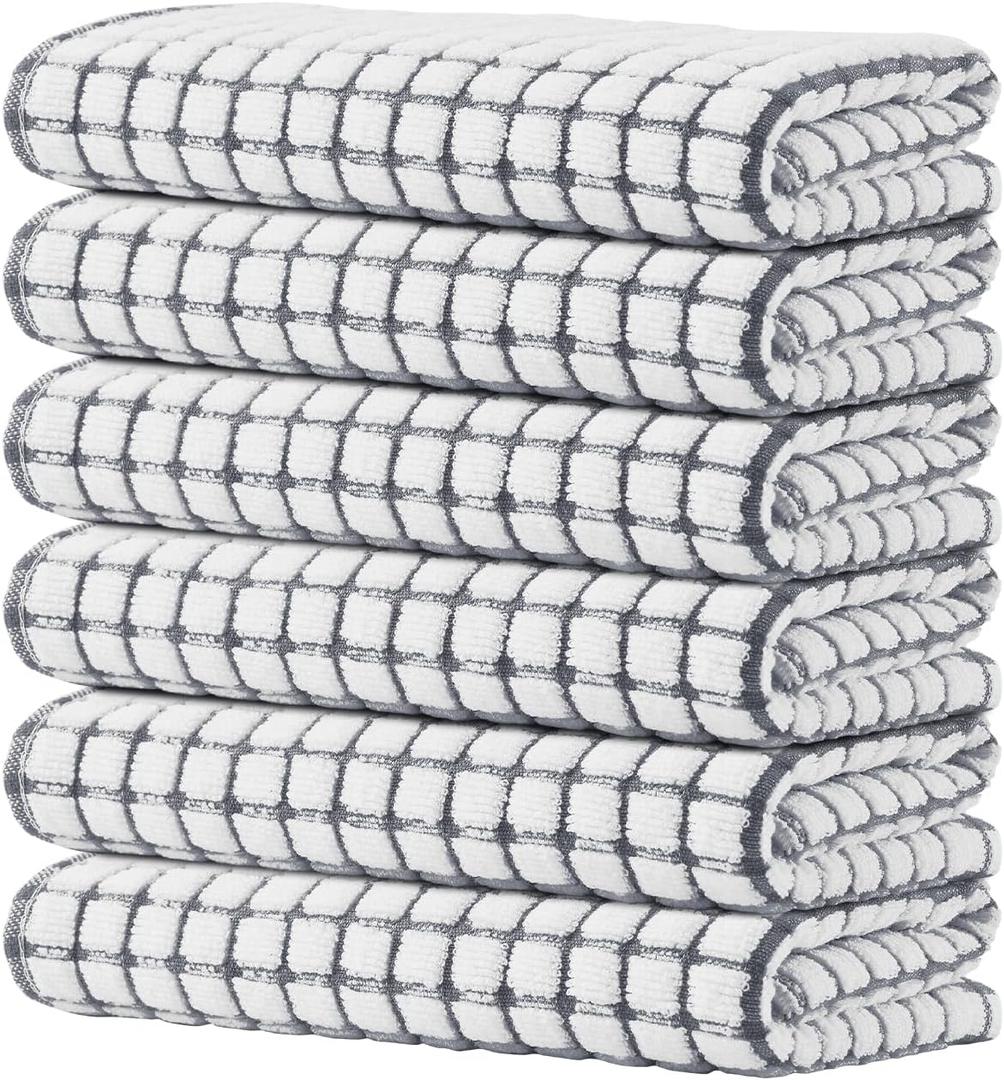 Kitinjoy Cotton 6 Pack Terry Kitchen Towels, 16 x 25 Inches Super Soft and Absorbent Dish Towels, Quick Drying Hand Towels for Kitchen Drying, Grey