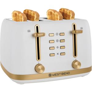 West Bend Timeless 4-Slice Toaster with 7 Browning Levels, Bagel/Waffle/Defrost Settings, High-Lift Lever, Anti-Jam, Easy-Clean Crumb Tray, 4-Slice, White/Gold