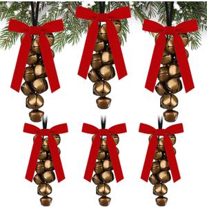 Halloscume 6 Set Winter Jingle Bell Iron Cluster Gold with Red Velvet Bow Metal Vintage Bells with Jute Hanging Rope Decorative Winter Rustic Bow Bell for Wreaths, Outdoor, Indoor,Decorations