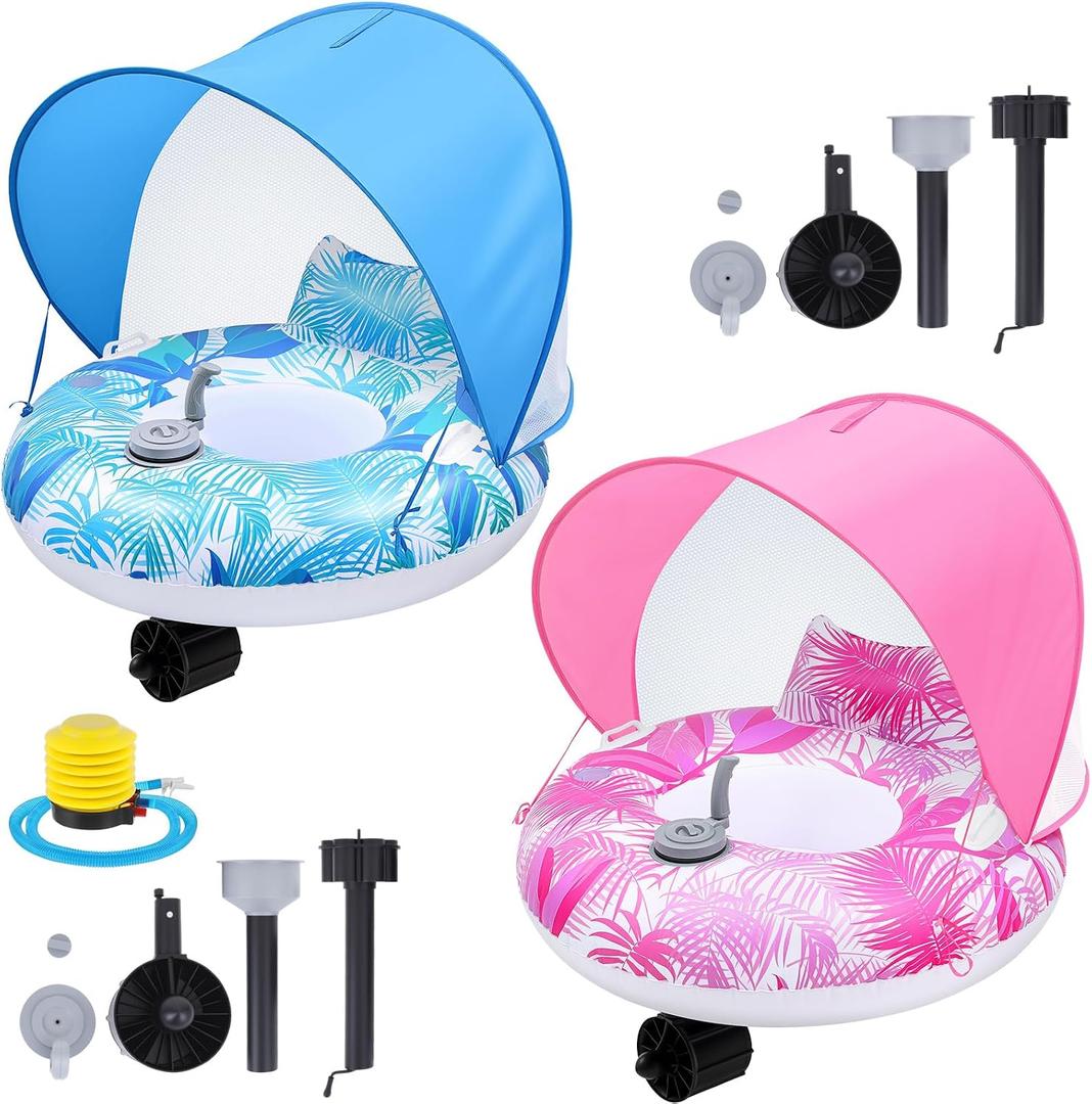 2Sets Motorized Pool Float for Adults, Electric Inflatable Pool Lounger with Canopy, Float Chair Tube with Pusher Handles, Cup Holder, Foot Pump for Summer Swimming Party Beach Water Lake(Blue Pink)