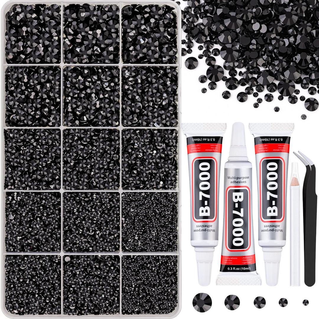 16000Pcs Resin Jelly Rhinestones for Crafting, Black Rhinestones Flatback Gems, Bedazzling Crystal with 3Pcs 10ml B7000 Jewelry Glue for DIY Crafts Clothing Tumblers Shoes Fabric Nail Art