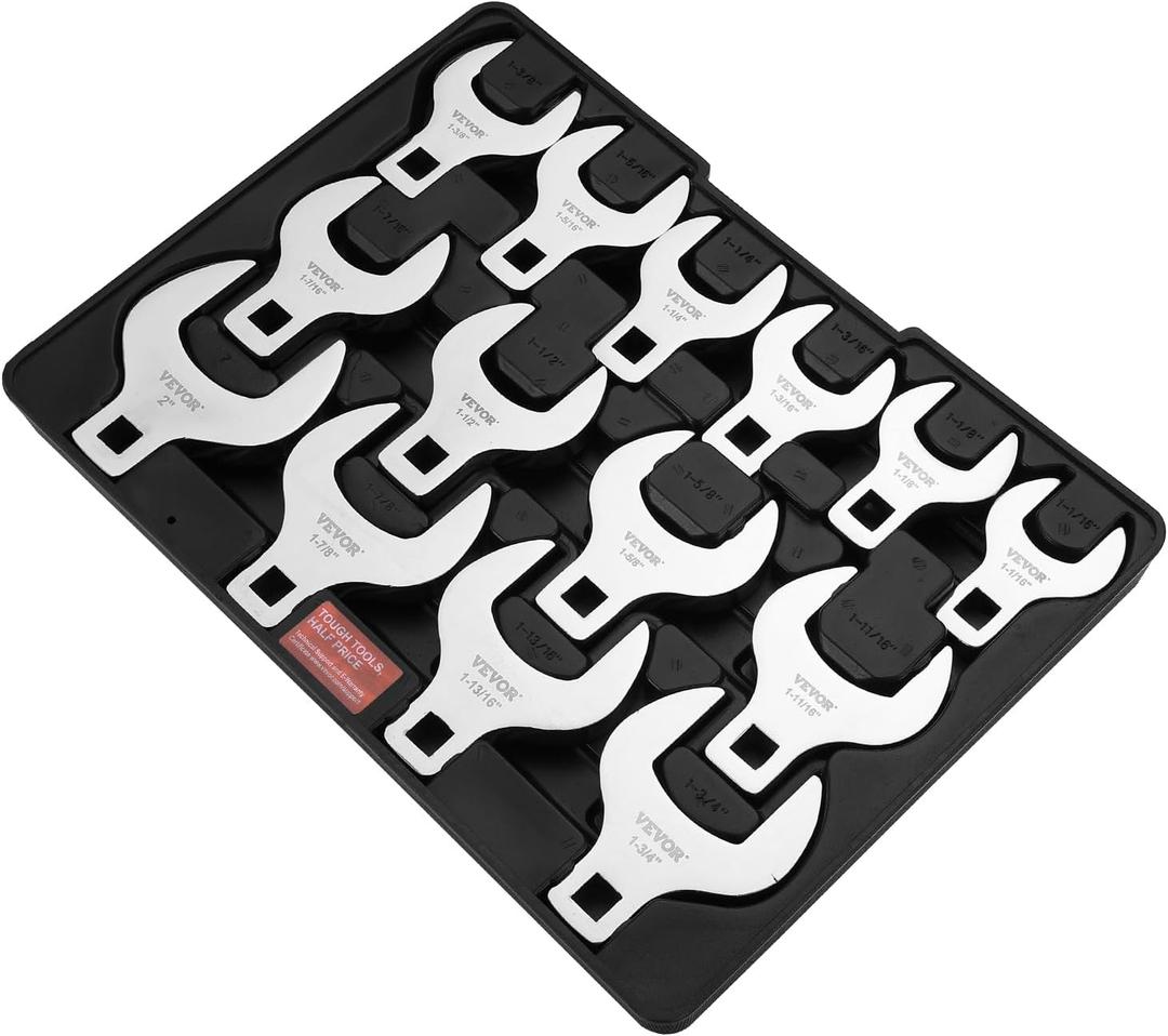 VEVOR Crowfoot Wrench Set, 1/2" Drive 14-Piece SAE (1-1/16" - 2") Crows Foot Wrench Set with Storage Tray, 40CR Material with Laser Etched Sizing, for Mechanical Maintenance or Repairs