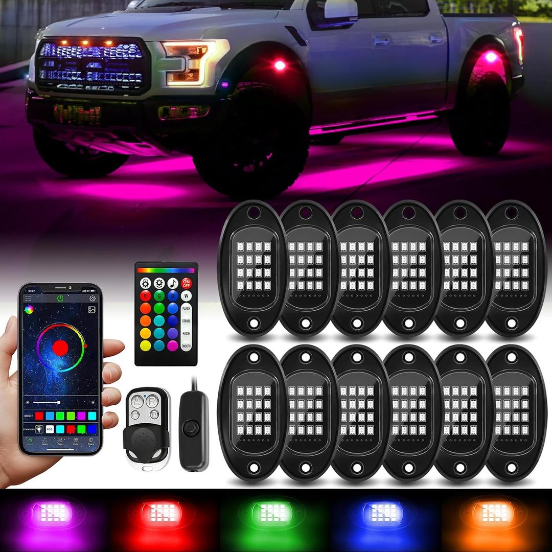 12 Pods RGB LED Rock Lights with APP/RF Remote Control High Brights Waterproof Underglow Multicolor Zone Neon Exterior Rock Lights for 12V Trucks Jeep UTV ATV RZR Offroad Pickup SUV Accessory