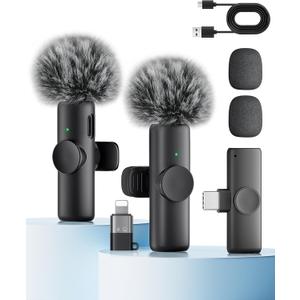 Wireless Microphone for iPhone iPad and Android Phone, 2 Pack Wireless Lavalier Lapel Mic with Noise Reduction, Plug and Play Mini Microphone for Video Recording Interview Podcast YouTube TikTok Vlog