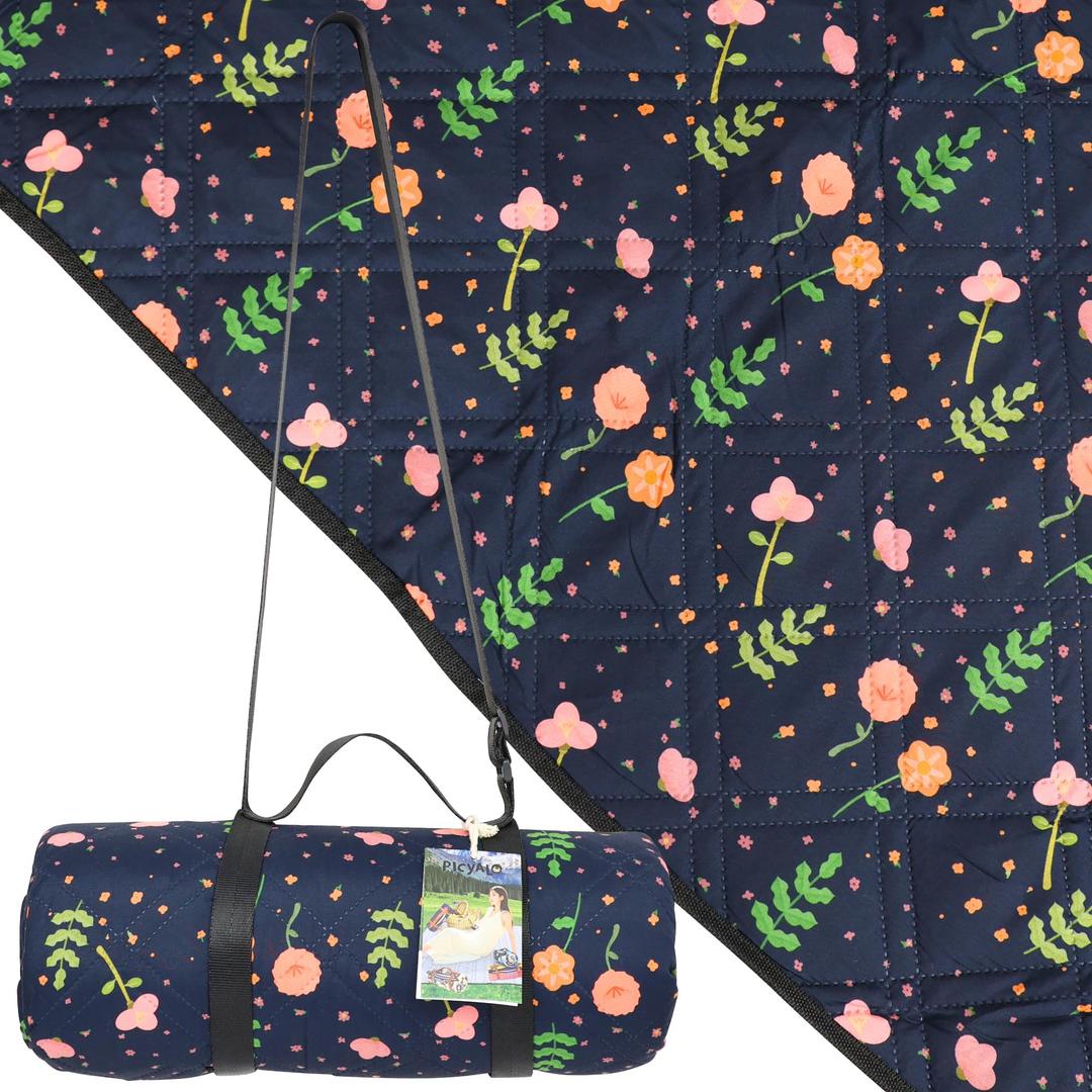 PICYALO Outdoor Picnic Blanket Blue Floral 80"x80" Large Sandproof Beach Blanket Waterproof Picnic Blankets Foldable for Caming, Beach, Outdoor Activities.