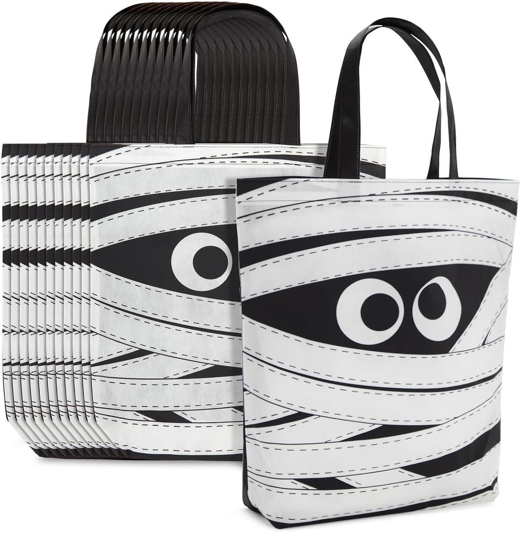 BLUE PANDA Halloween Tote Bags - 15 x 16 in, Black & White Canvas, Pack of 12 - Reusable Mummy-Print Trick-or-Treat Goodie Bag for Party Favors