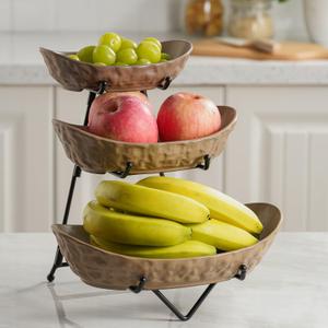 3 Tier Fruit Bowl for Kitchen Counter, Ceramic Fruit Basket with Metal Stand Tiered Fruit Display Set for Fruit, Vegetable, Cake, Dessert, Nuts, Snack, Brown (Large+Middle+Small)
