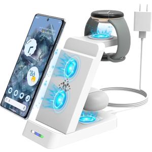 EloBeth Wireless Charging Station, 3 in 1 for Google Pixel Products, QC3.0 18W, Compatible with Pixel 8 Pro/8/7 Pro/7/Fold/6/6 Pro/5/4/3/XL, Watch, Buds Pro, iPhone/Airpods (not Watch 2)