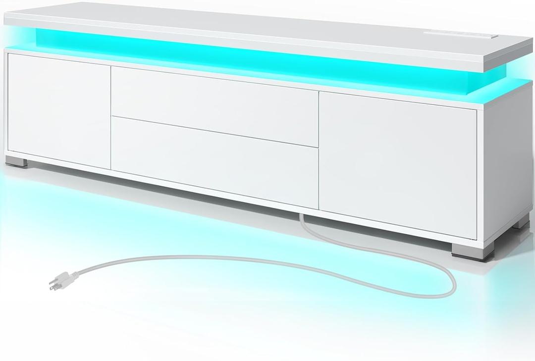 Rolanstar TV Stand with LED Lights & Power Outlet, Modern Entertainment Center for 32/43/50/55/65 Inches TVs, Table, Universal Gaming Media Stand Storage Cabinet and Large Storage, White