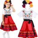 4 Pcs Mexican Traditional Costume Set Flamenco Dance Dress Flower Crown Headband Halloween 7-8