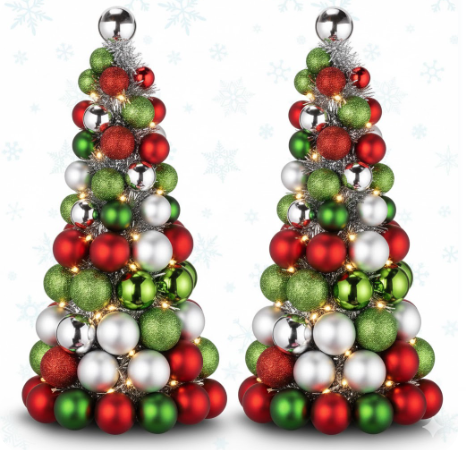 Meooeck 2 Pcs Christmas Ball Tree with Lights 16 Inch LED Fireplace Table Holiday Xmas Tree Decorations Tabletop Christmas Beach Decorations for Party (Red, Green, Silver)