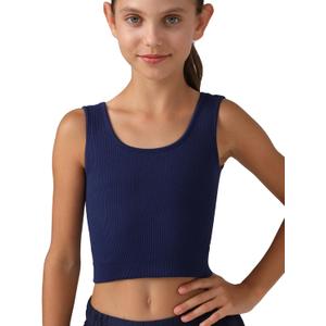 Girls Tank Tops Double Lined Ribbed Knit Crop Tops 2 Pack Basic Sleeveless Athletic Round Neck Dance Top (S)