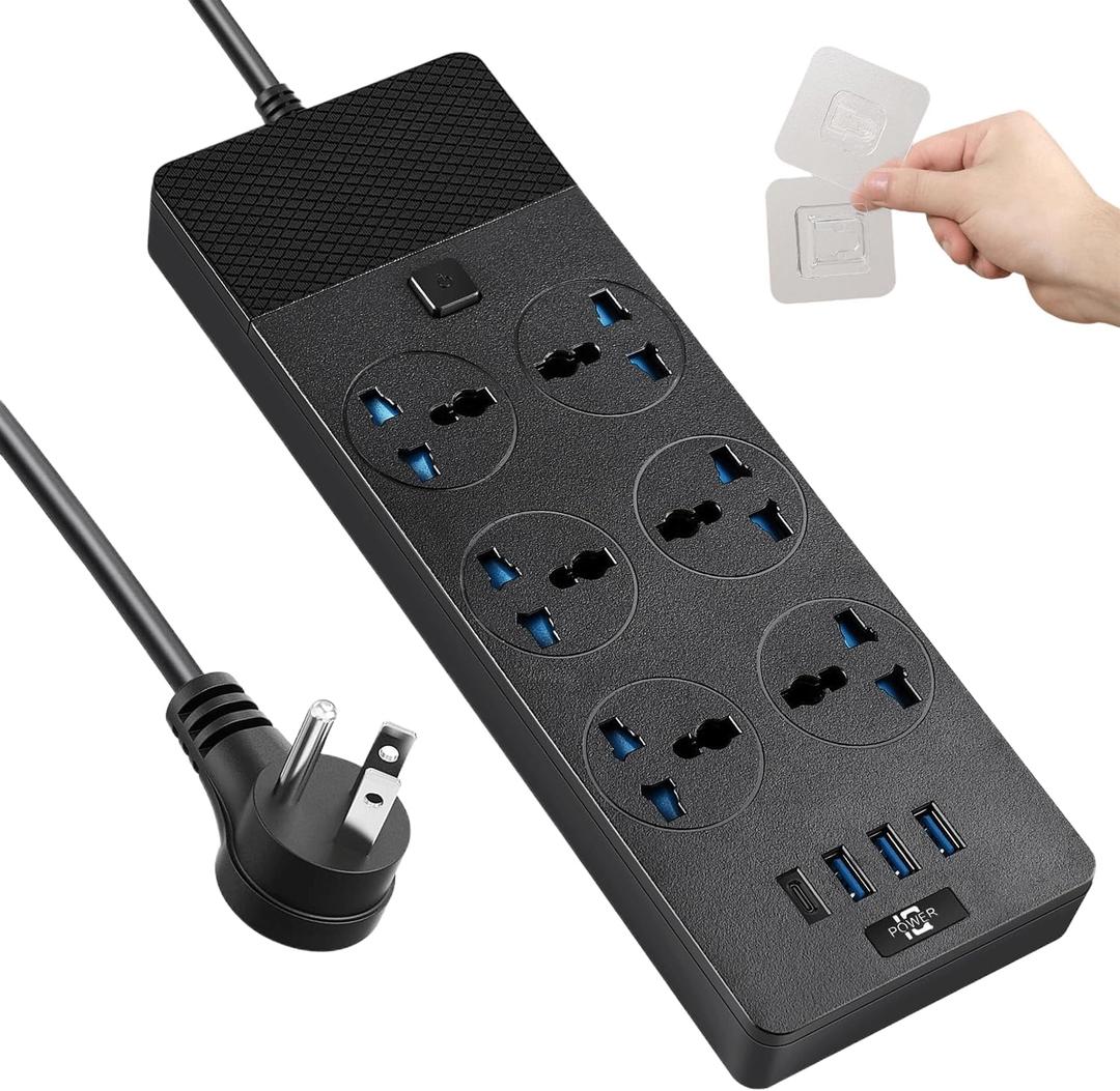 Universal Power Adapter, Jumpso 3000w Power Strip with 4 USB Ports (1 USB C), 6ft Extension Cord with International Outlets, 110-240v, European Travel Plug Adapter for Home Office Travel, Black