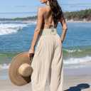 TARSE Womens Linen Wide Leg Pants Casual Loose Elastic Waist Beach Travel Vacation Palazzo Harem Pants with Pockets (Teal, L)