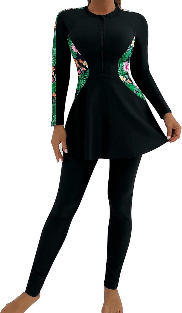 IDOPIP Muslim Swimsuits for Women Modest Burkini Islamic Arabic Swimwear Full Cover Long Sleeve Rash Guard Pants Bathing Suit (S)