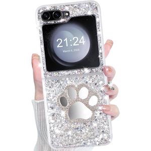 DAKORIE Galaxy Z Flip 5 Case Glitter Love Paw Mirror Flip Protective Cover for Samsung Galaxy Z Flip 5 2023 5G for Women Girl - Paw