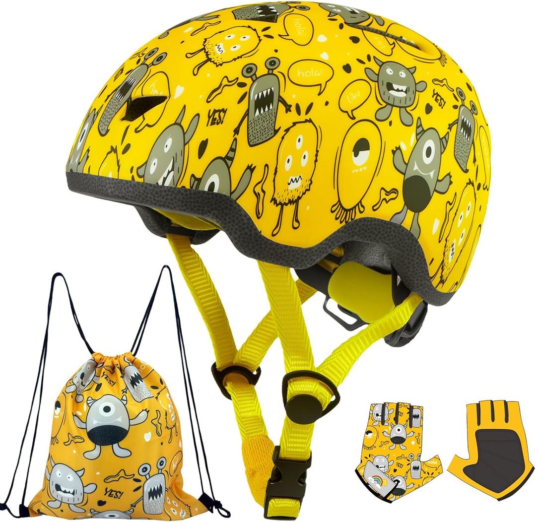 Toddler Bike Helmet with Gloves and Backpack Set, 3 Sizes for Baby Infant to Kids Ages 1-3 3-5 5-8+, Adjustable Boys Girls Bike Helmet for Bicycle/Scooter/Skateboard/Roller Skate (X-Small: 40-45 cm /15.7-17.7", Yellow Monster)