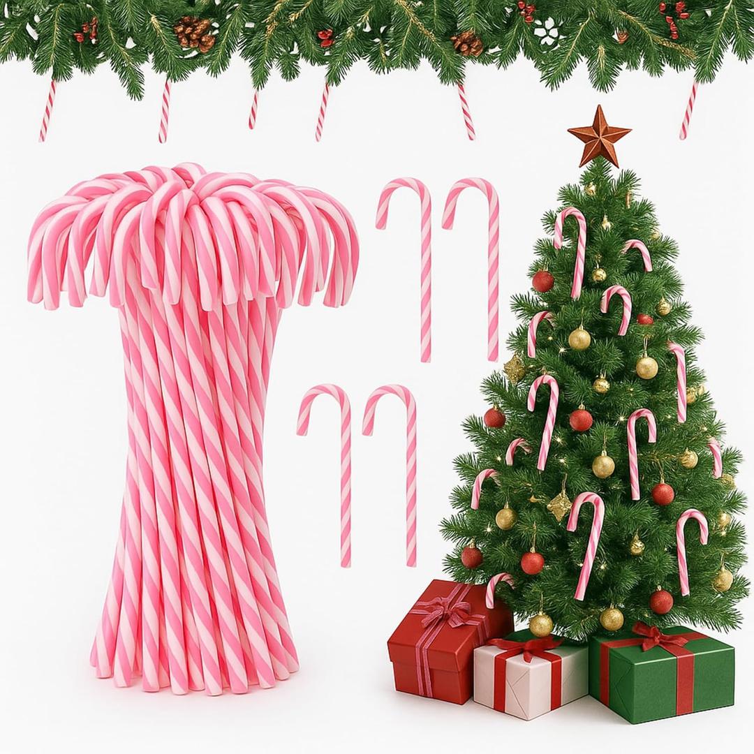 Hicarer 50 Pieces Christmas Plastic Candy Cane 5.9 Inch Christmas Tree Hanging Ornament Decoration Twisted Tree Candy Cane Ornament for Xmas Holiday Party Favor (Pink and White)