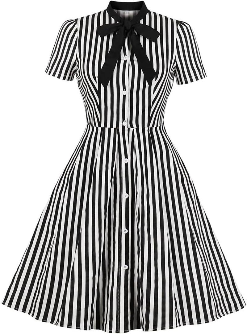 IDOPIP Women Black Striped Halloween Cosplay Costume Dress Elegant Tie Neck Midi Dress 1950s Vintage Cocktail Shirt Dress (XX-Large, Black and White)