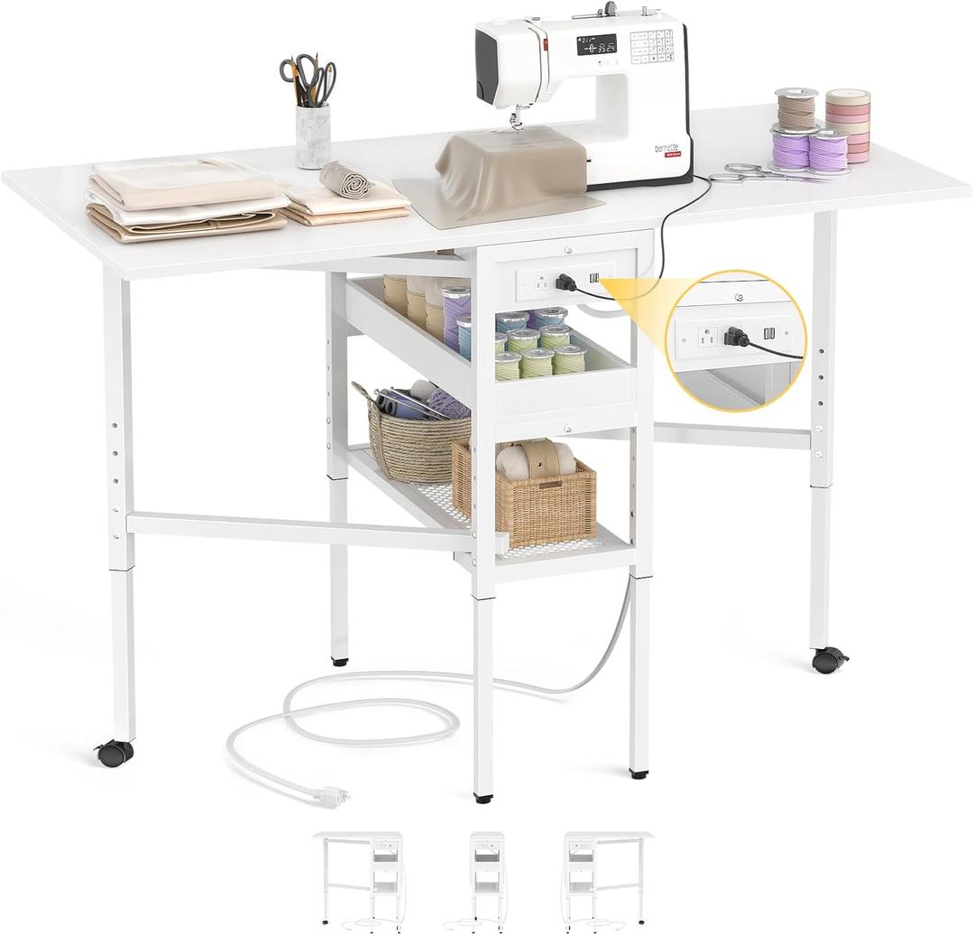 Besiost Folding Sewing Cutting Table with Charging Station, Height Adjustable Craft Table with Storage, 50" Foldable Fabric Cutting Tables for Sewing Room Craft Room, White Besiost Folding Sewing Cutting Table with Charging Station, Height Adjustable Craft Table with Storage, 50" Foldable Fabric Cutting Tables for Sewing Room Craft Room, White