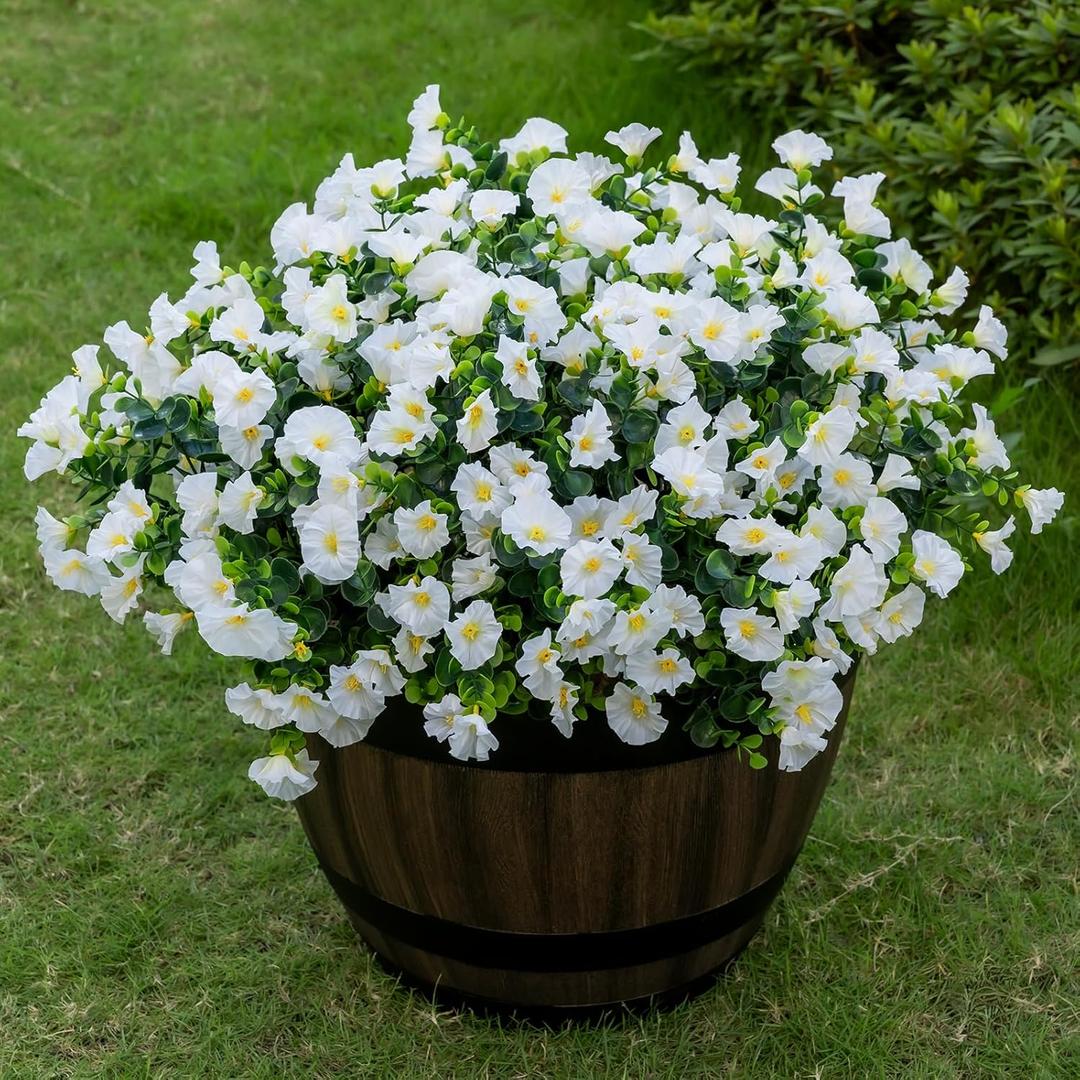 Lnoicy Artificial Flowers for Outdoor 12 Bundles Eucalyptus Fake Flowers for Planter,UV Resistant Fake Morning Glory for Home/Porch/Garden DecorationWhite