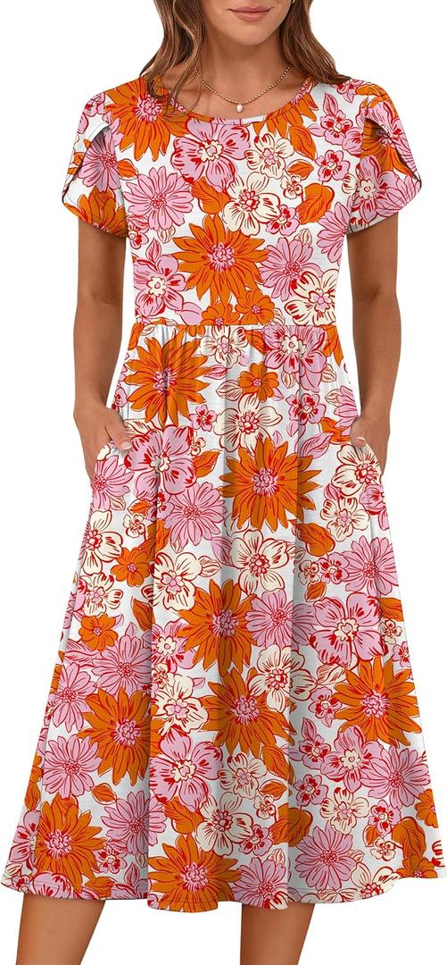 ANRABESS Women's Summer Short Sleeve A-Line Midi Dresses Casual Floral T-Shirt Dresses Flowy Beach Sundress with Pockets
