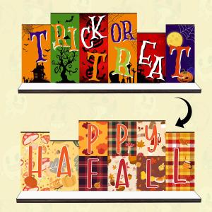 2 x Fall Halloween Office Decor Wooden Table Desk Sign Decorations Reversible Double Side Halloween and Autumn Tabletop Sign Fall Thanksgiving Centerpiece Farmhouse Decor for Home Office Party Desk (Turkey)