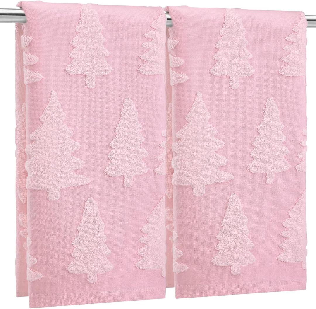 Breling 2 Pcs Christmas Hand Towels Pink Christmas Trees Bathroom Decorative Towels 100% Cotton Absorbent Jacquard Weave Bath Decor Winter Holiday Bathroom Decor Xmas Gifts 13.7''x29.5''