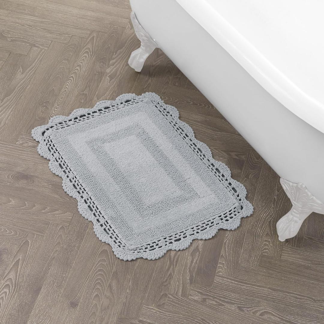 Laura Ashley Absorbent Bath Mat Reversible Crochet Soft and Plush Bathroom Mat 100% Cotton 17x24 Bath Rug, Light Grey