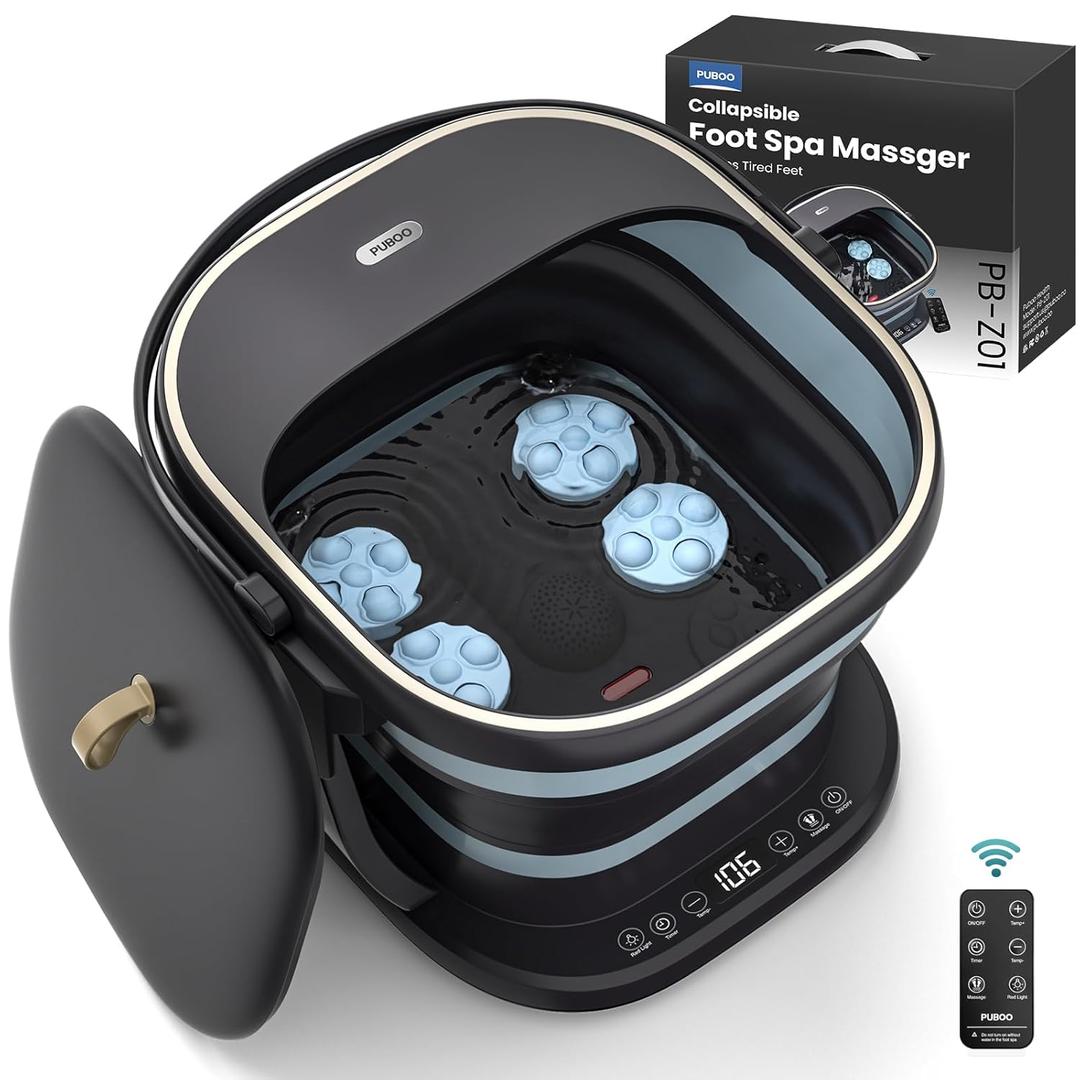 Puboo Collapsible Heated Foot Spa Bath with Remote, 95-115F Precise Temp Control, Motorized Massage Rollers & Acupressure, Quiet <50dB, Fits US Mens Size 11 | Ideal Gift for Family & Friends (Dark Blue)